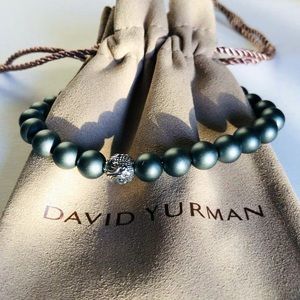 David Yurman Men's Spiritual Bead Bracelet w Matte Hematite & Silver Wave 8.5 in